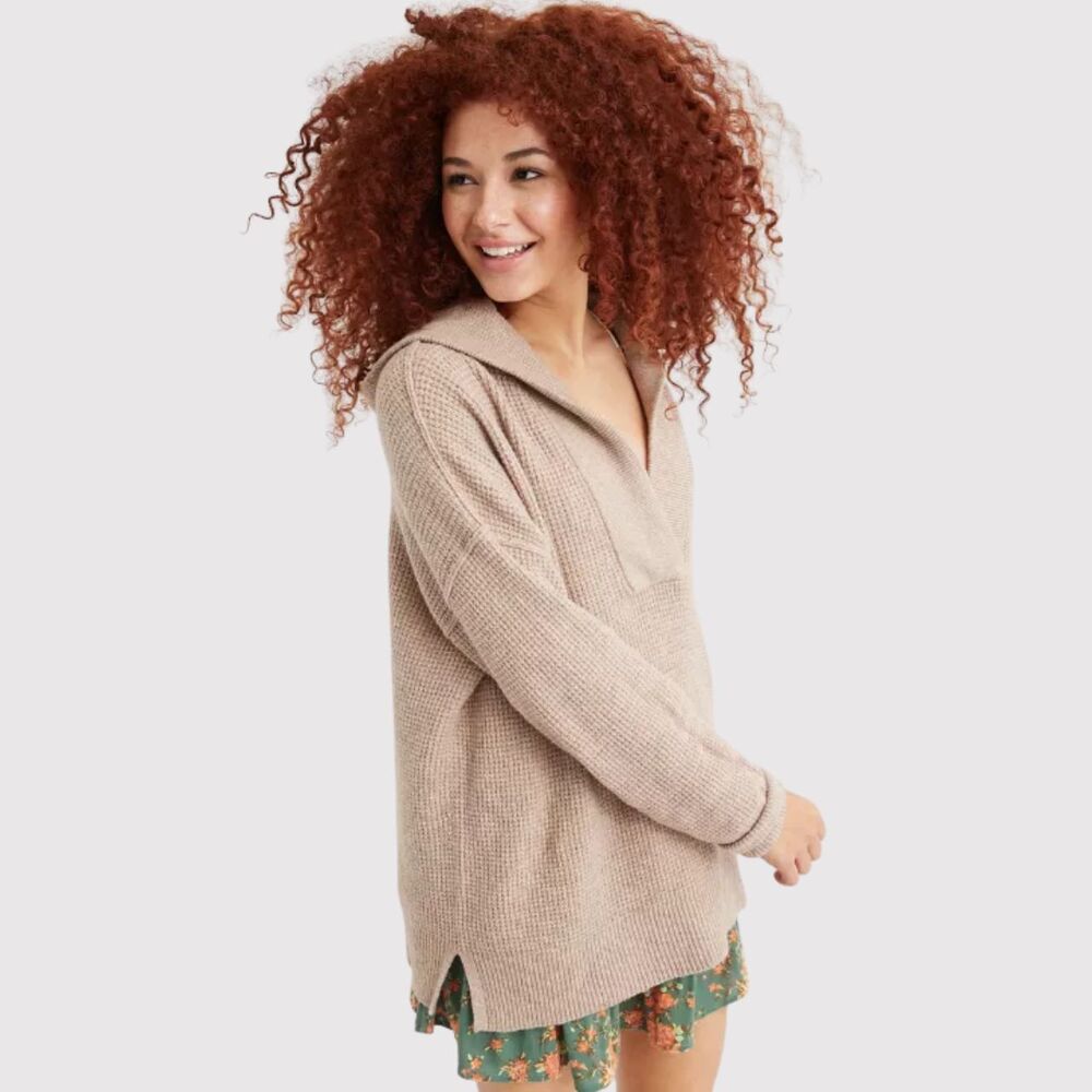 Aerie Womens Sweater Brown CozyUp Waffle Hoodie V Neck Pullover Stretch Large - Picture 2 of 13